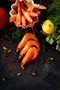 Roasted fried big shrimps in tomato oil, garlic, cilantro and soy sauce... - Image Royalty Free Stock Photo