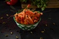 Roasted fried big shrimps in tomato oil, garlic, cilantro and soy sauce... Royalty Free Stock Photo