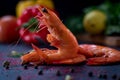 Roasted fried big shrimps in tomato oil, garlic, cilantro and soy sauce... Royalty Free Stock Photo