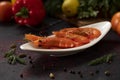 Roasted fried big shrimps in tomato oil, garlic, cilantro and soy sauce... Royalty Free Stock Photo