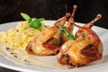 Roasted or fried quail with herbs and tagliatelle Royalty Free Stock Photo