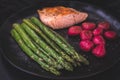 Roasted green asparagus and grilled salmon with beetroot gnocchi