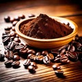 Ground coffee with coffee beans on a wooden table