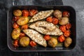 Roasted halibut fish steaks with tomato and potato. Black background. Top view