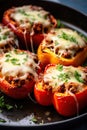 roasted halved red bell peppers stuffed with a turkey mince and onion mix covered in melted cheese. Royalty Free Stock Photo