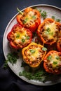 roasted halved red bell peppers stuffed with a turkey mince and onion mix covered in melted cheese. Royalty Free Stock Photo