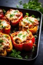 roasted halved red bell peppers stuffed with a turkey mince and onion mix covered in melted cheese. Royalty Free Stock Photo