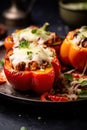 roasted halved red bell peppers stuffed with a turkey mince and onion mix covered in melted cheese. Royalty Free Stock Photo