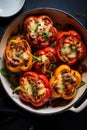 roasted halved red bell peppers stuffed with a turkey mince and onion mix covered in melted cheese. Royalty Free Stock Photo