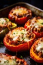 roasted halved red bell peppers stuffed with a turkey mince and onion mix covered in melted cheese. Royalty Free Stock Photo