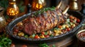 Roasted Lamb with Potatoes and Herbs in a Dark Platter Royalty Free Stock Photo