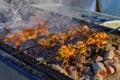 Roasted meat cooked at barbecue. Grilled kebab cooking on metal skewer. BBQ fresh beef meat Royalty Free Stock Photo