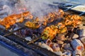 Roasted meat cooked at barbecue. Grilled kebab cooking on metal skewer. BBQ fresh beef meat Royalty Free Stock Photo