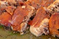 Roasted meat Lechon on banana leaf. Filipino eatery with grilled pork photo. Traditional cuisine of the Philippines Royalty Free Stock Photo