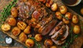 Roasted meat, potatoes with rosemary on wooden board for Easter