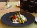 Roasted meat steak carbonara cheese sauce asparagus