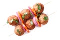 Roasted meatballs on skewers isolated on white top view Royalty Free Stock Photo