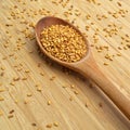 Roasted organic sesame seeds, in wooden spoon on bamboo cutting board Royalty Free Stock Photo