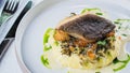 Roasted pikeperch fillet with mashed potatoes on plate on table Royalty Free Stock Photo
