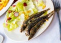 Roasted pilchards with vegetable salad Royalty Free Stock Photo