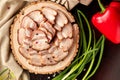Roasted pork belly sliced on wooden plate Royalty Free Stock Photo