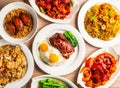 roasted pork with fried sunny egg and rice, chicken wings noodles set, fried ribs with pineapple, sweet and sour ribs, singapore Royalty Free Stock Photo