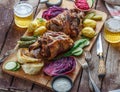 Roasted pork knuckle eisbein with braised boiled cabbage and beer