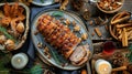 Roasted pork loin on a festive table with candles and wine