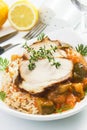 Roasted pork meat with rice and vegetables Royalty Free Stock Photo