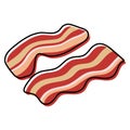 Two slices of wavy bacon on white background. Cartoony bacon strips roasted. Simplified, outline color filled vector illustration Royalty Free Stock Photo