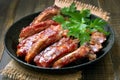 Roasted pork ribs in frying pan Royalty Free Stock Photo