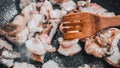 Roasted pork ribs in frying pan, top view Royalty Free Stock Photo