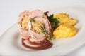 Roasted pork roll stuffed with rice and potatoes Royalty Free Stock Photo