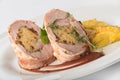 Roasted pork roll stuffed with rice and potatoes Royalty Free Stock Photo