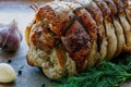 Roasted pork roll stuffed with vegetables and garlic Royalty Free Stock Photo