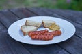 Roasted pork sausages served with slices of czech yeast bread. Royalty Free Stock Photo