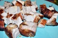 Roast pork steak with bone on a plate background