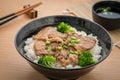 Roasted pork with stir fried broccoli and japanese rice in bowl Royalty Free Stock Photo