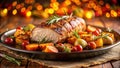 Roasted pork tenderloin with autumn vegetables and rosemary. Generative AI Royalty Free Stock Photo