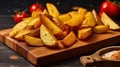 Roasted potato wedges on wooden board. Generative AI