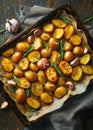 Roasted potatoes arranged on a baking tray