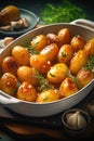 Roasted potatoes arranged on a baking tray