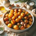 Roasted potatoes arranged on a baking tray