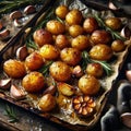 Roasted potatoes arranged on a baking tray