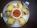 Roasted potatos with red chimichurri sauce Royalty Free Stock Photo