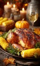 Roasted chicken or turkey with corn and autumn decoration Royalty Free Stock Photo
