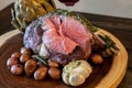 Roasted Prime Rib Steak with buttered artichoke, rosemary roasted small red potatoes Royalty Free Stock Photo