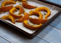 Roasted pumpkin hokkaido on roasting pan Royalty Free Stock Photo