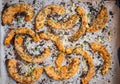 Roasted pumpkin slices with herbs on baking paper