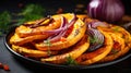 Roasted pumpkin slices with red onion and rosemary on black plate Generative AI